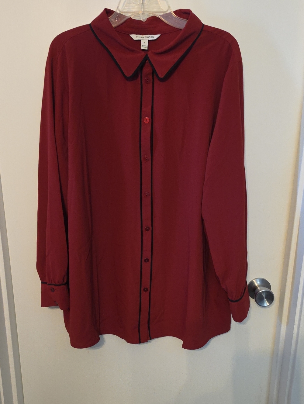 41 Hawthorn Wine Red Button-Down Blouse with Black Piping